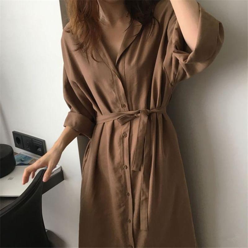 Long-Sleeve Plain Tie-Side Button-Up Midi Shirtdress Product Image