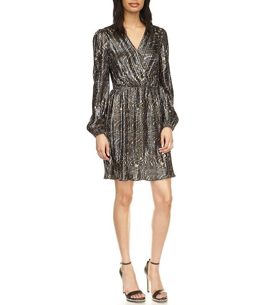 Michael Kors Pleated Foil Surplice V-Neck Long Sleeve Mini Dress Product Image