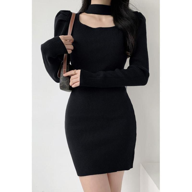 Long-Sleeve Mock Neck Plain Cutout Ribbed Mini Sheath Knit Dress Product Image