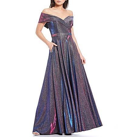 Xscape Off-the-Shoulder Short Sleeve Sweetheart Neck Thigh High Slit Pleated Glitter Ball Gown Product Image