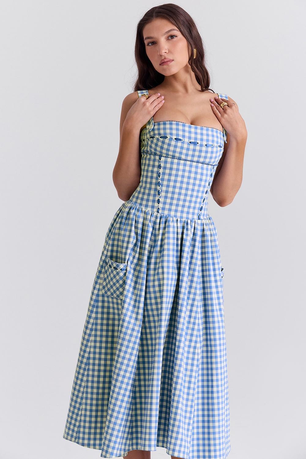 Vivien Regatta Blue Gingham Midi Sundress Product Image