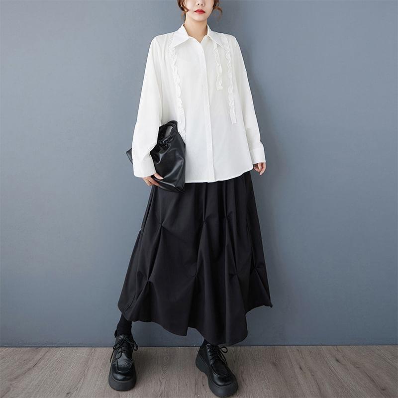 Long Sleeve Ruffle Trim Button Up Shirt Product Image