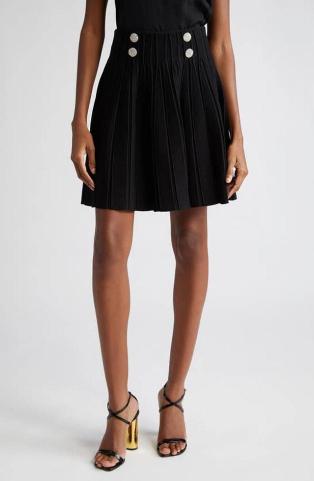 BALMAIN Double-breasted Rib Knit Flare Mini Skirt In Nero Product Image