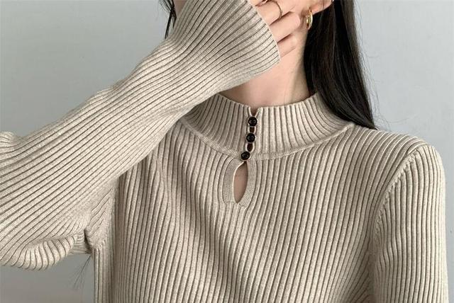 Long-Sleeve Mock Neck Plain Cutout Ribbed Slim Fit Knit Top Product Image