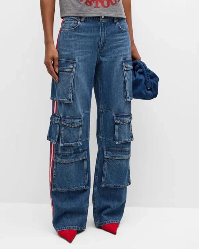 Olympia Mid-rise Baggy Cargo Jeans With Side Stripes In Blue Denim Product Image