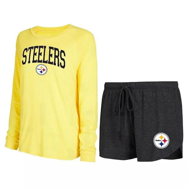 Womens Concepts Sport Black Pittsburgh Steelers Raglan Long Sleeve T-shirt Shorts Lounge Set - Black Product Image