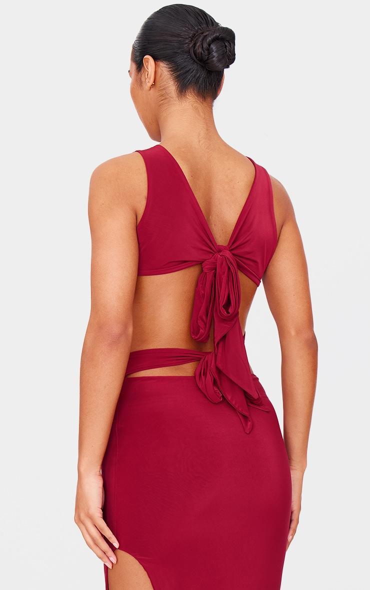 Burgundy Double Layer Slinky Tie Back Maxi Dress Product Image