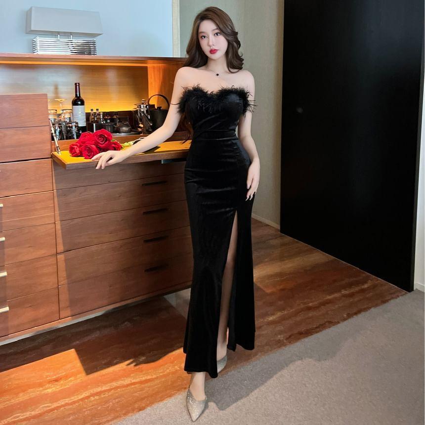 Strapless Fluffy Trim Velvet Slit Bodycon Maxi Dress Product Image