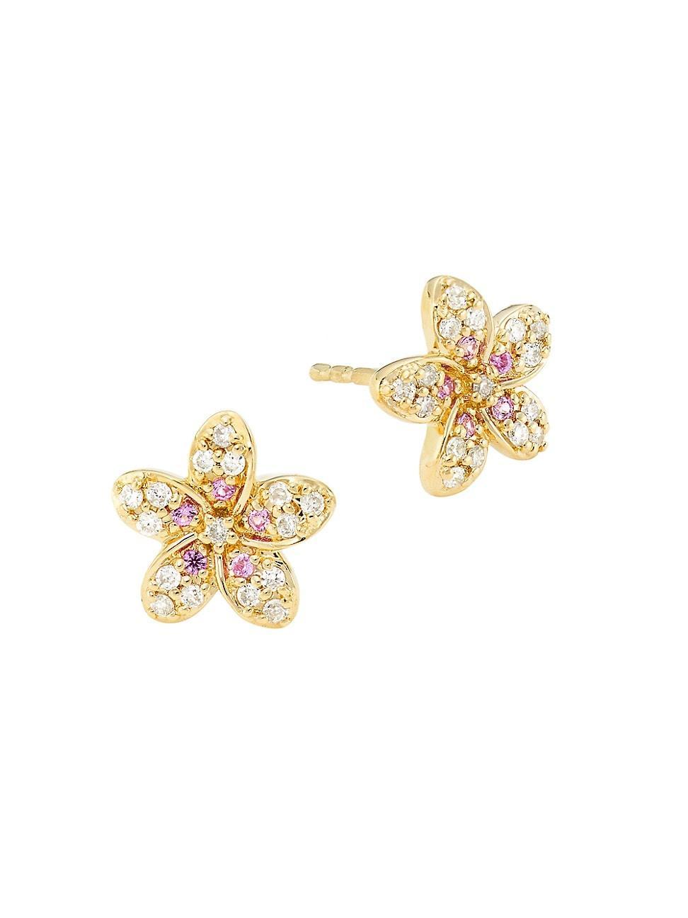 Womens 14K Yellow Gold, Pink Sapphire & 0.13 TCW Diamond Plumeria Stud Earrings Product Image