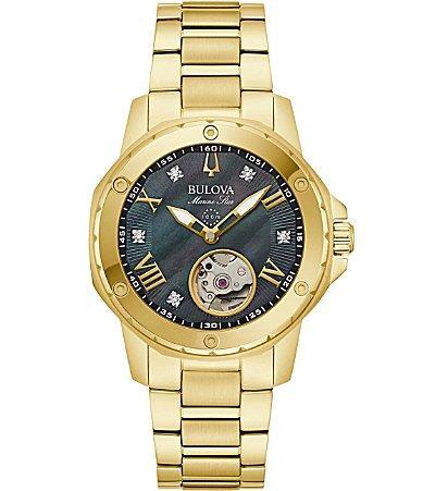 Ladies' Bulova Marine Star Black Mother of Pearl and Diamond Dial Watch in Gold-Tone Stainless Steel (Model 97P171) Product Image