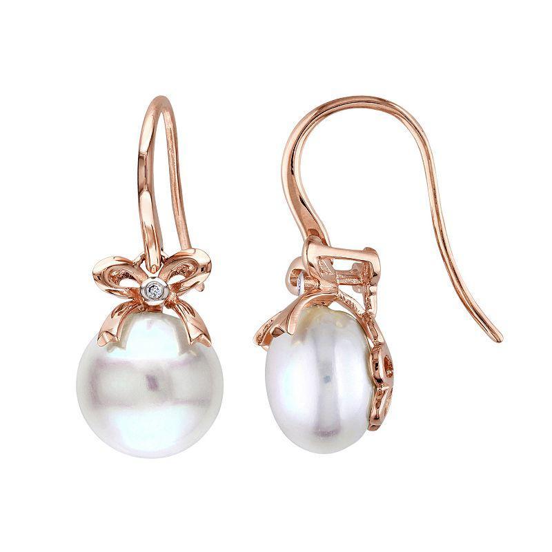 Stella Grace Freshwater Cultured Pearl & Diamond Accent 10k Rose Gold Bow Drop Earrings, Womens, White Product Image