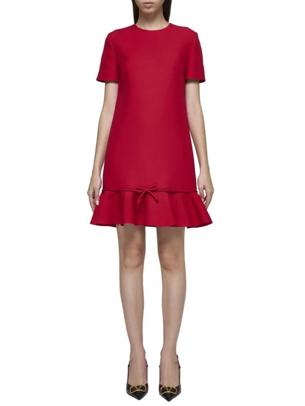 VALENTINO Ruffle Hem Mini Dress With Bow Detail In Red Product Image