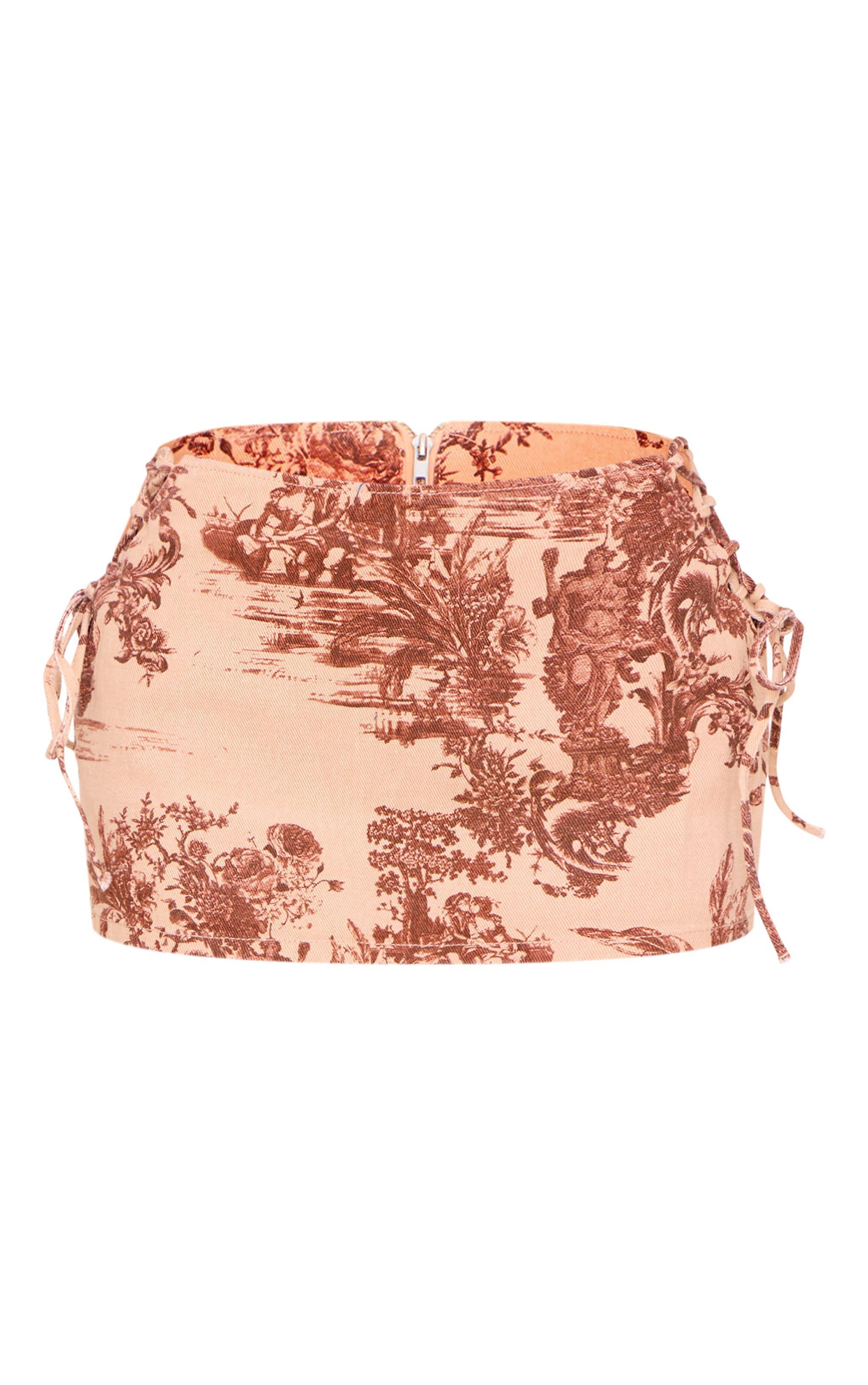 Brown Renaissance Inspired Print Lace Side Denim Mini Skirt Product Image