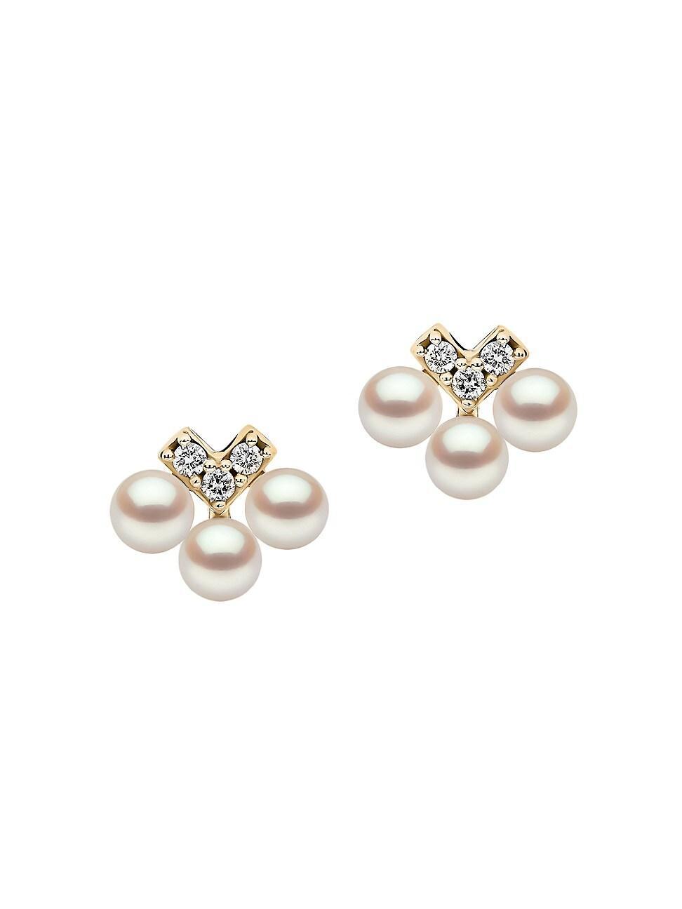 Womens Sleek 18K Yellow Gold, 3-3.5MM Cultured Akoya Pearl, & Diamond Stud Earrings Product Image