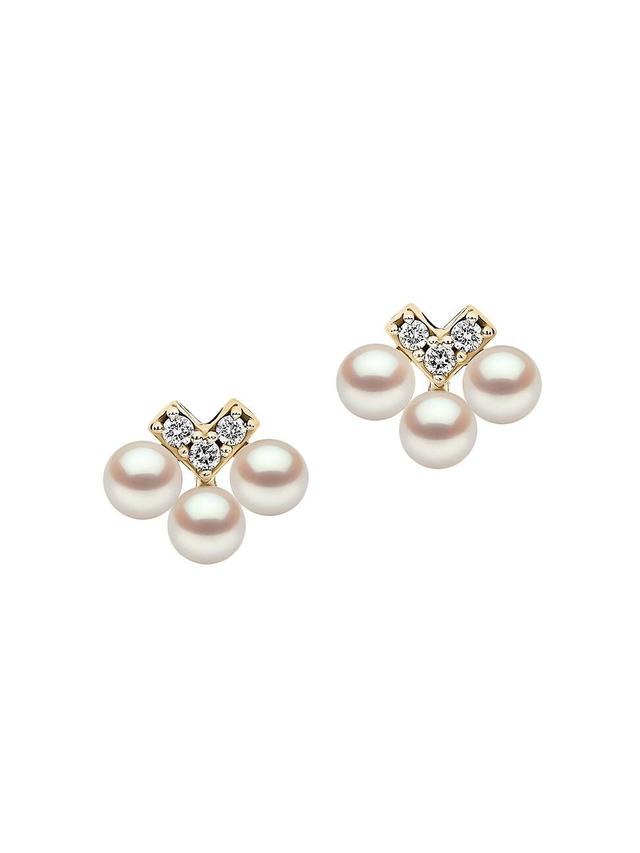 Womens Sleek 18K Yellow Gold, 3-3.5MM Cultured Akoya Pearl, & Diamond Stud Earrings Product Image