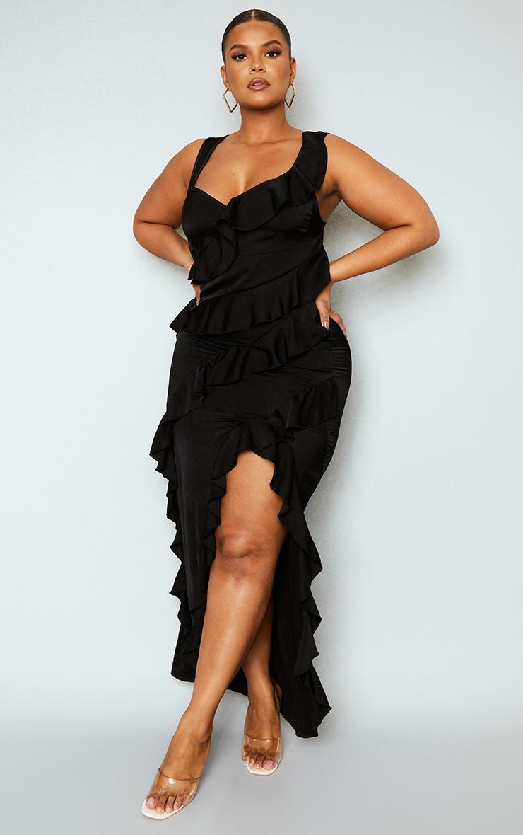 Plus Black Satin Frill Layered Maxi Dress Product Image