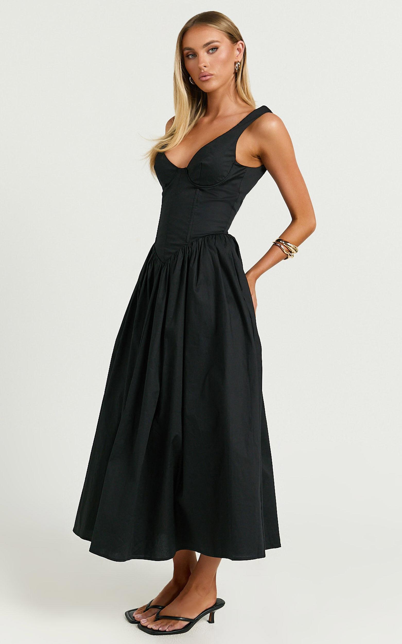 Beckett Midi Dress - Scoop Neck Drop V Waist Gathered Skirt Dress in Black Product Image