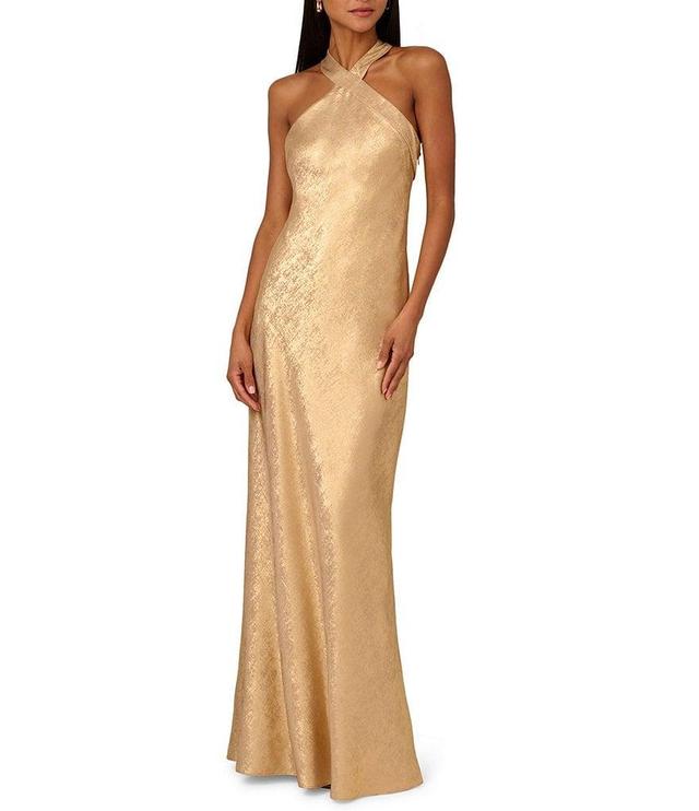 Adrianna Papell Foiled Woven Halter Neck Sleeveless Back Neck Tail Sheath Dress Product Image