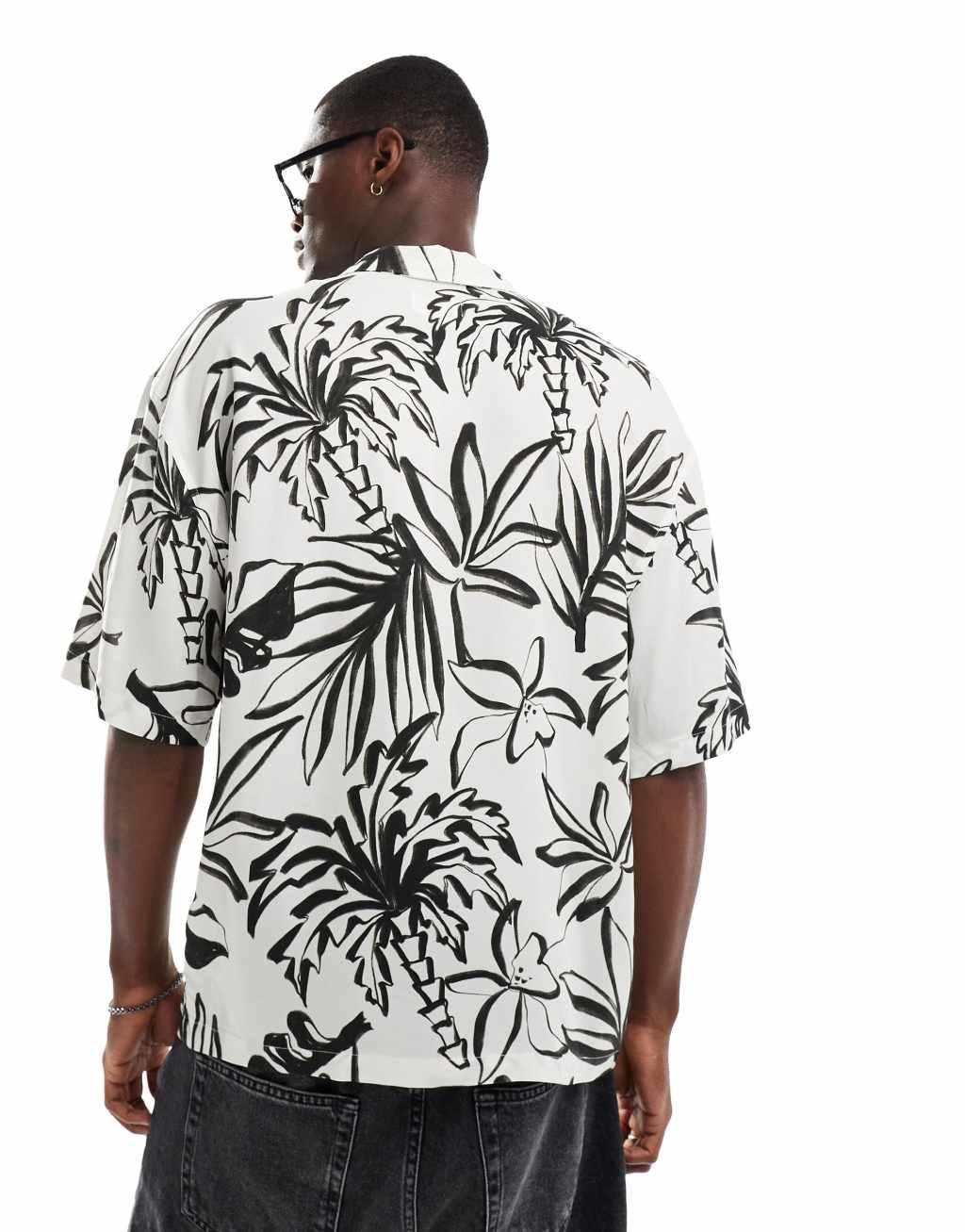 Pull&Bear palm printed shirt in white Product Image