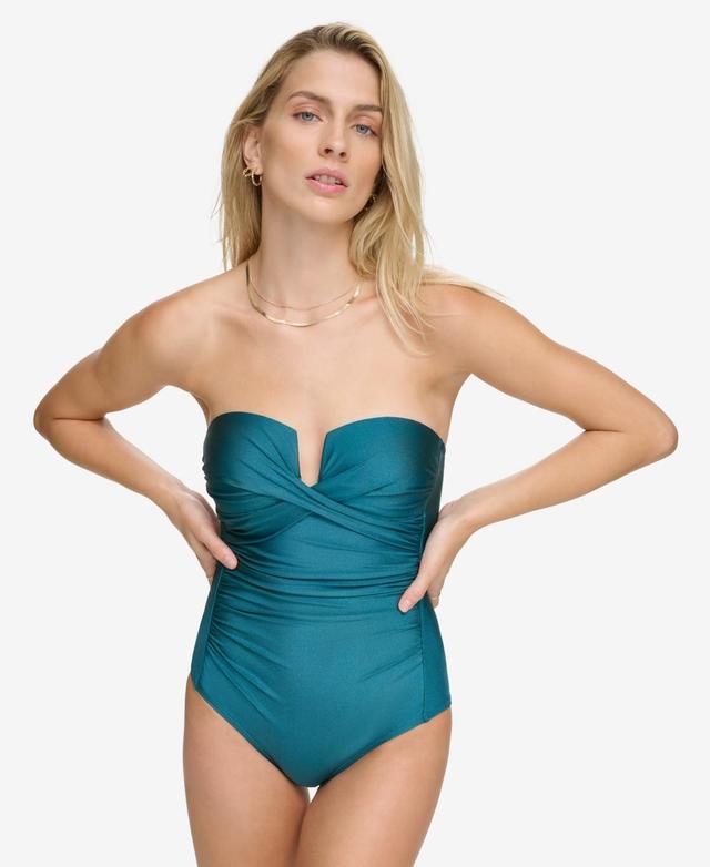 Calvin Klein Womens Shirred Tummy-Control Split-Cup Bandeau One-Piece Swimsuit Product Image