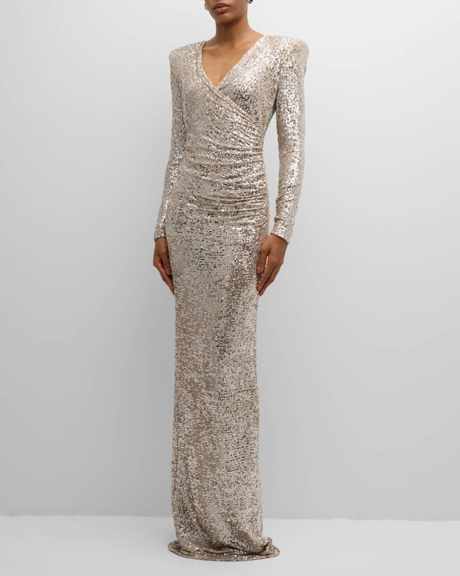 Sequined Column Gathered V-Neck Gown Product Image