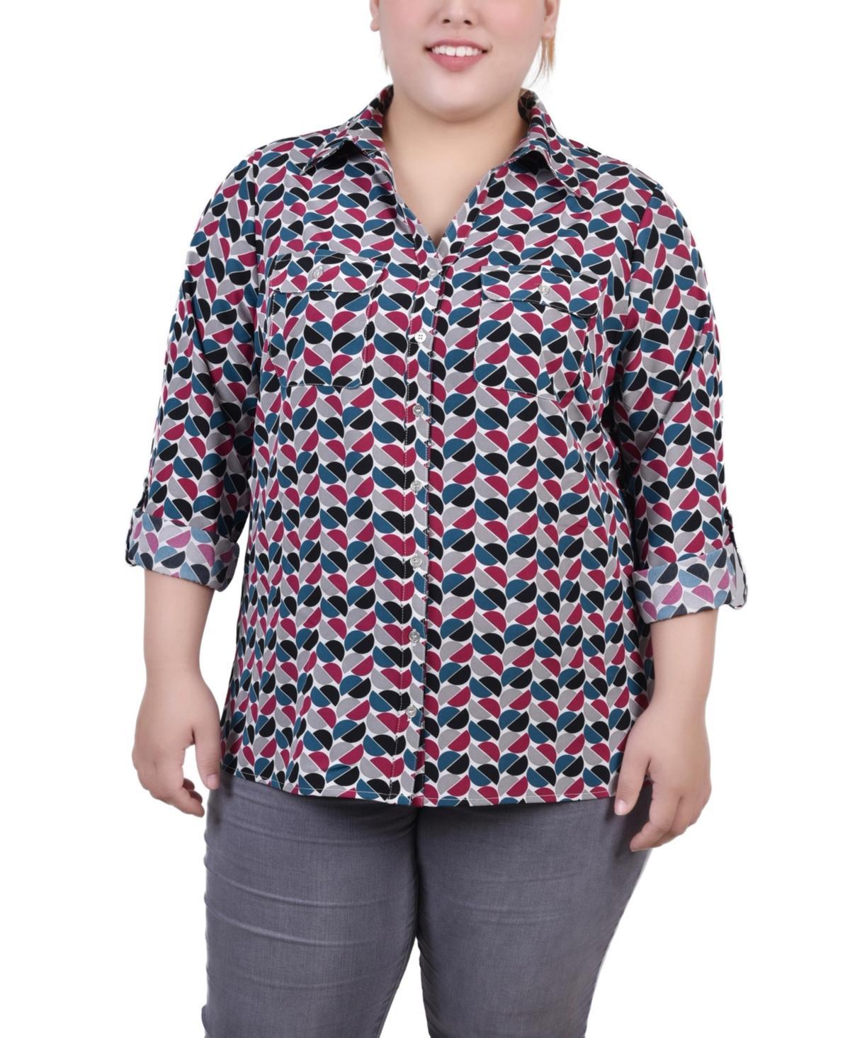 Ny Collection Plus Size 3/4 Sleeve Roll Tab Notch Collar Blouse Product Image