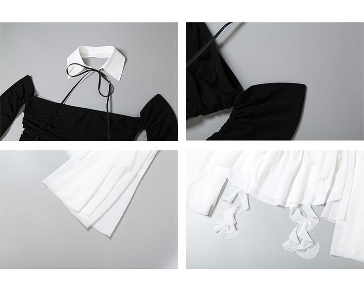 Set: Long-Sleeve Off-Shoulder Two Tone Ruched Fringed Mini A-Line Dress + Decorative Collar Product Image