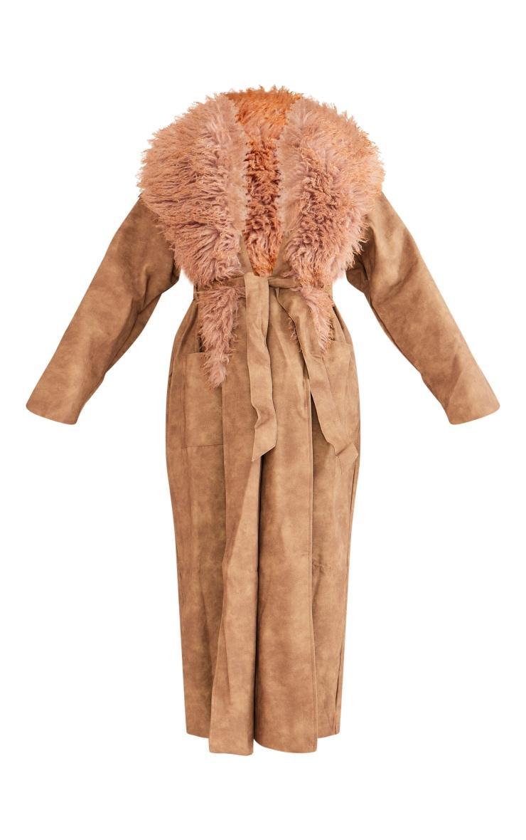 Brown Faux Shaggy Fur Distressed Faux Leather Belted Coat Product Image