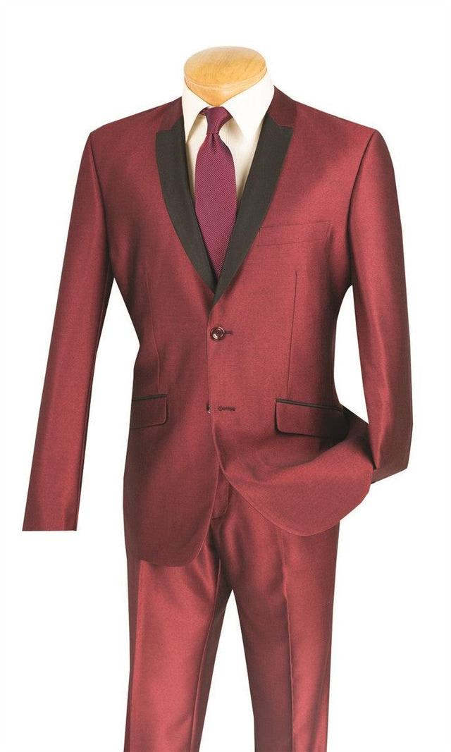 Slim Fit Shiny Sharkskin Men's 2 Piece Suit in Maroon Male Product Image