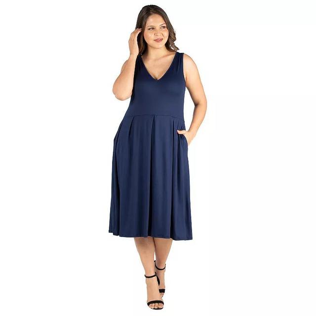 Plus Size 24seven Comfort Apparel Sleeveless Midi Fit and Flare Dress with Pockets, Womens Blue Product Image