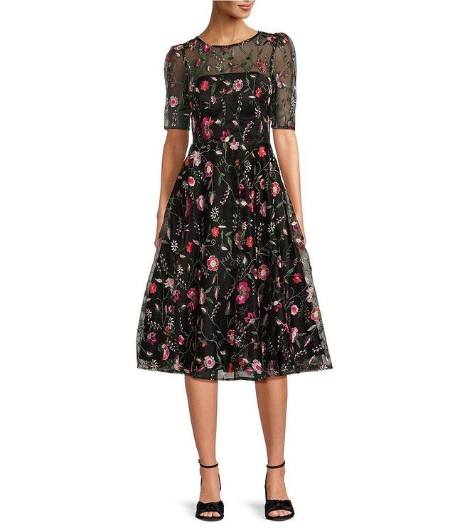 Eliza J Floral Embroidered Lace Illusion Boat Neck Short Sleeve Fit and Flare Midi Dress Product Image