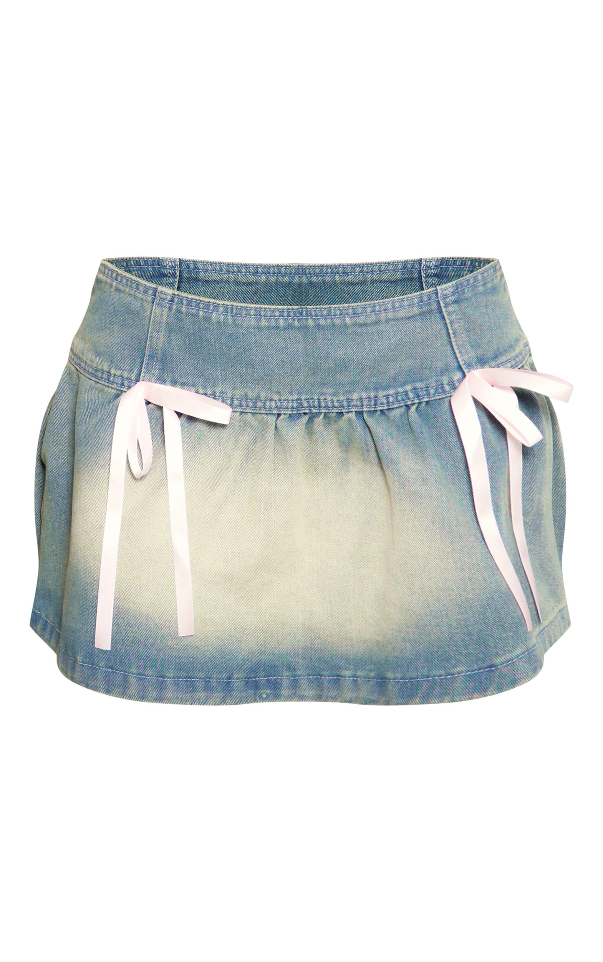 Light Blue Detail Bows Denim Mini Skirt Product Image