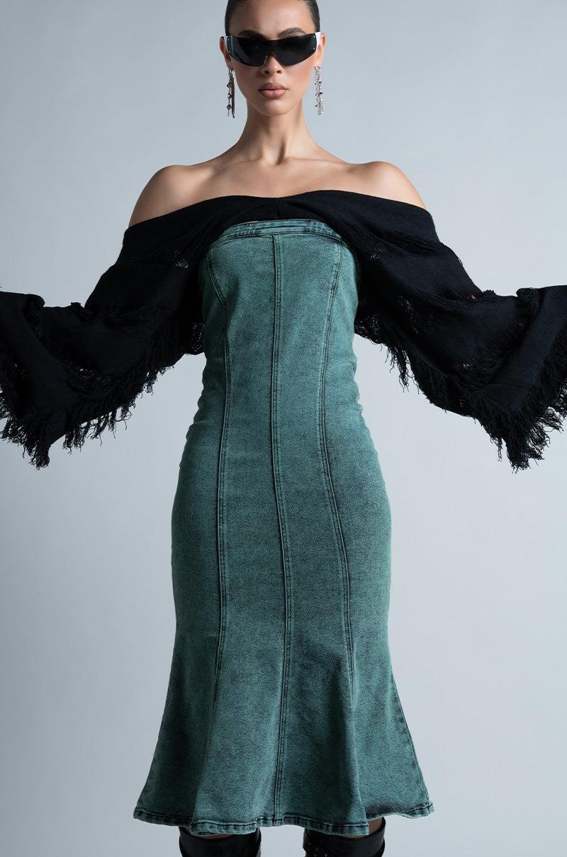 SEEING GREEN STRAPLESS WASHED DENIM MIDI DRESS Product Image