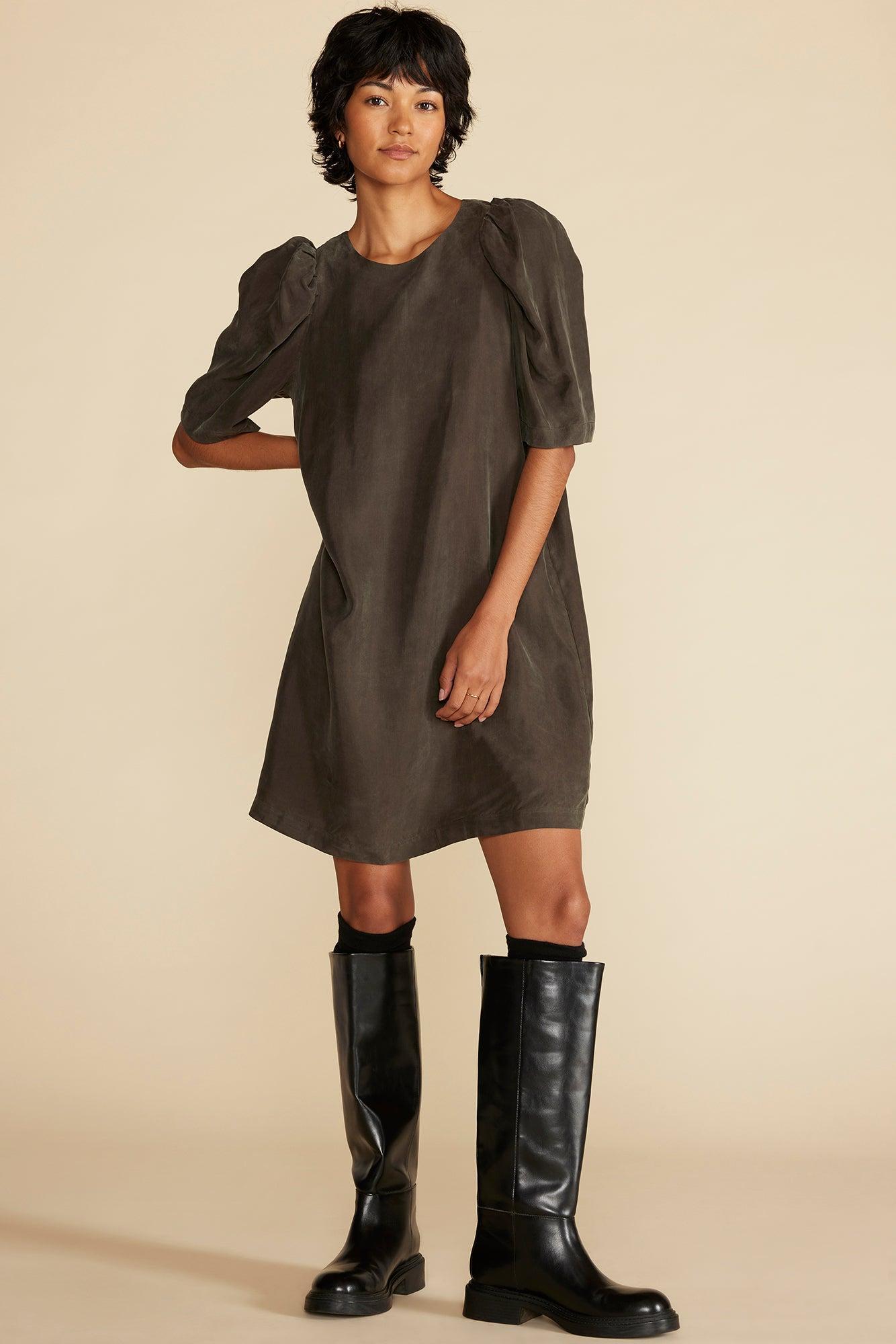 Sylvia Puff Sleeve Dress - Olive Green Product Image