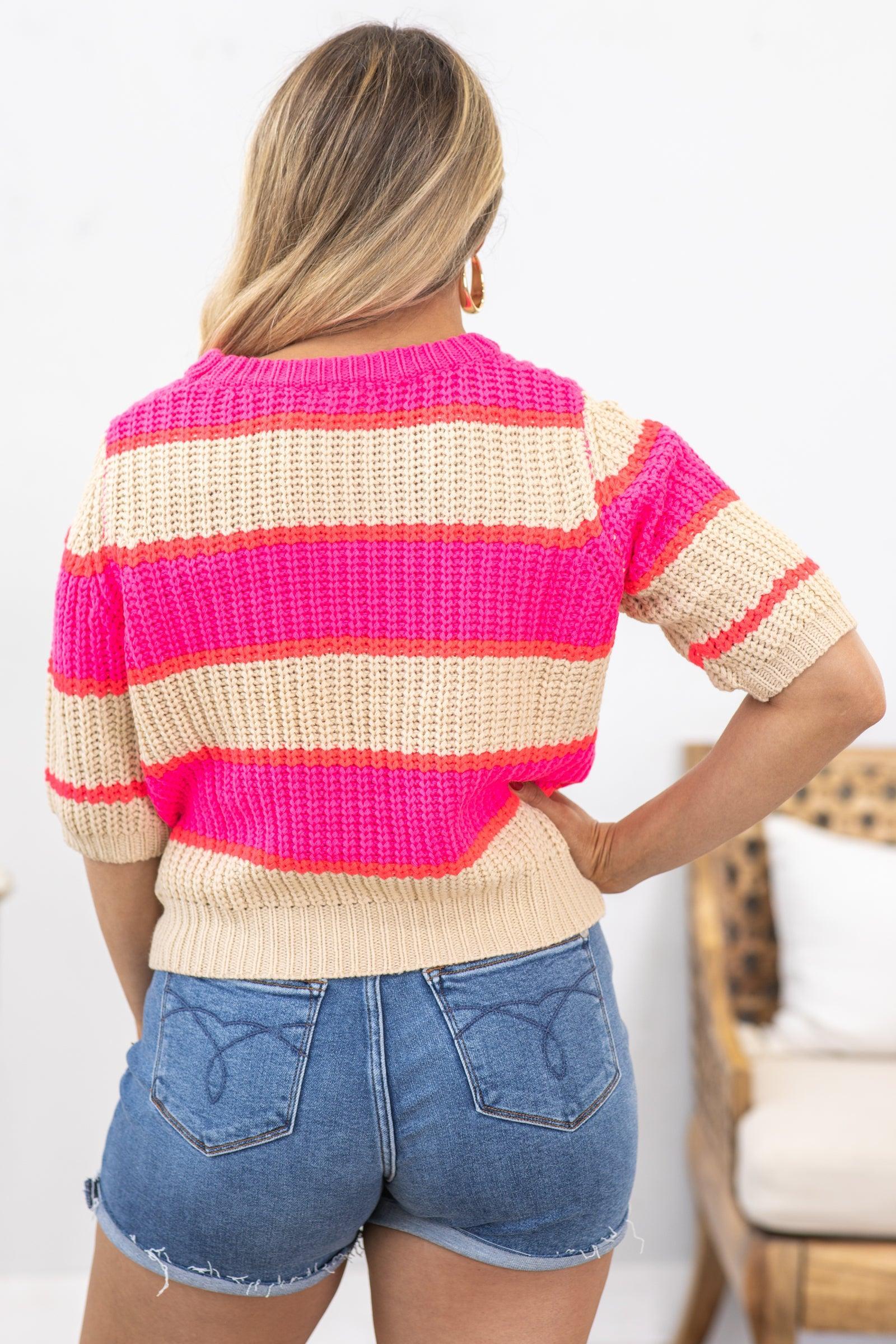 Hot Pink Stripe Colorblock Short Sleeve Sweater Product Image