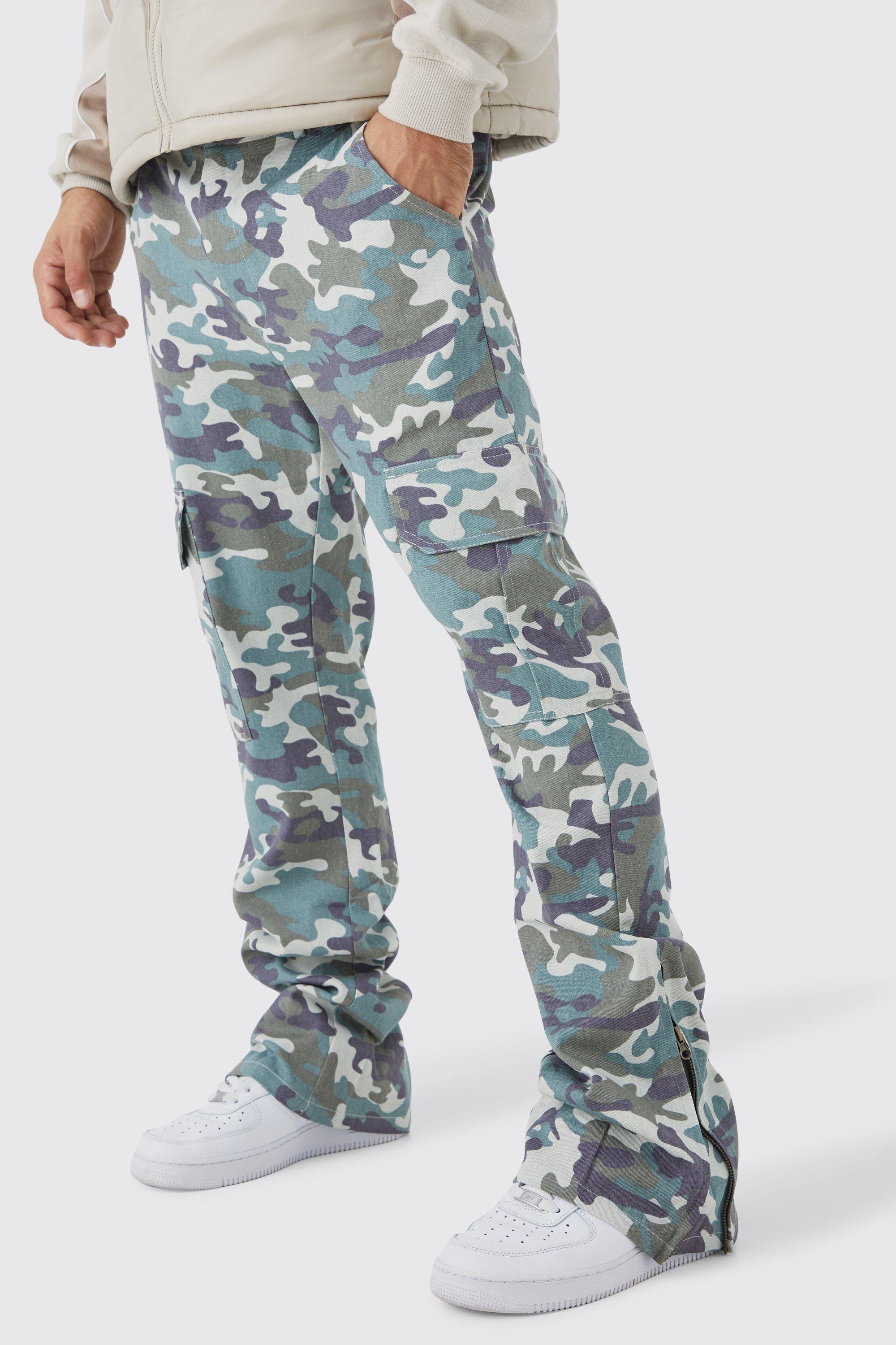 Fixed Waist Slim Flare Washed Camo Gusset Pants | boohooMAN USA Product Image