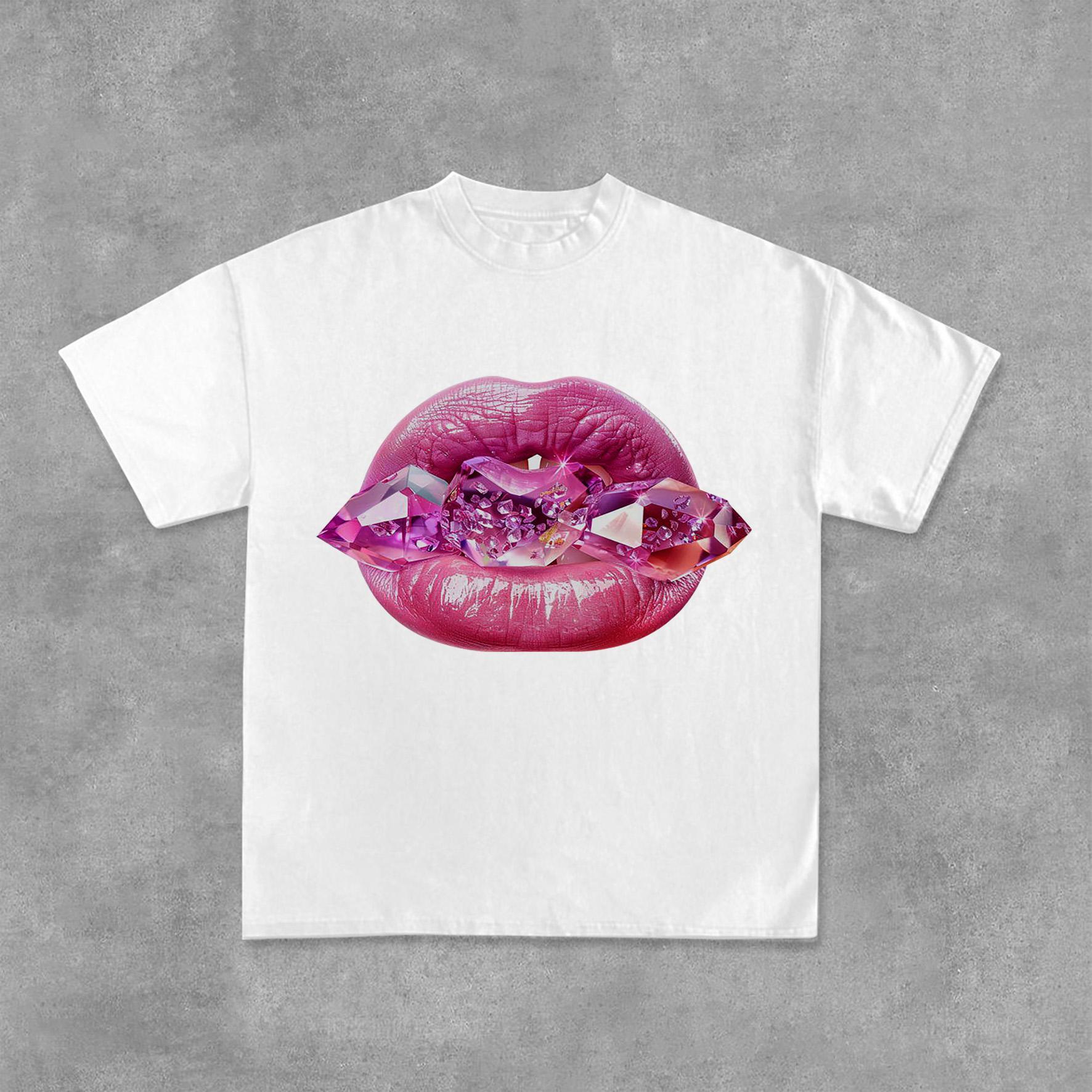 Sexy Jeweled Lips Print Graphic Cotton Tees Product Image