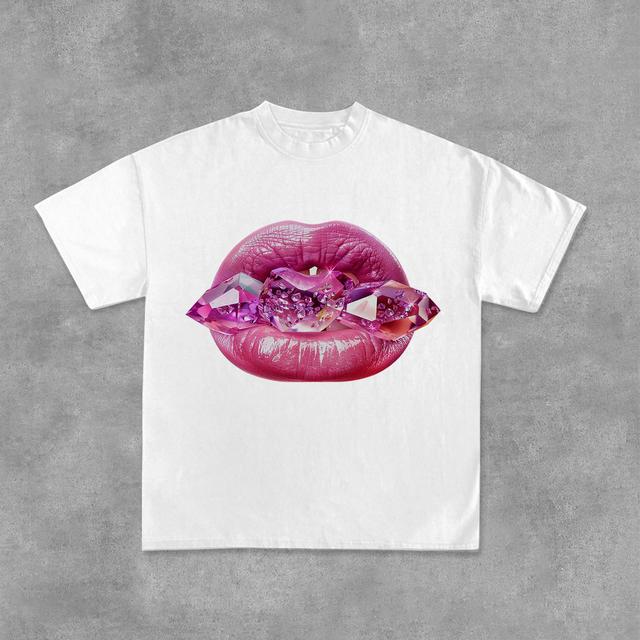 Sexy Jeweled Lips Print Graphic Cotton Tees Product Image