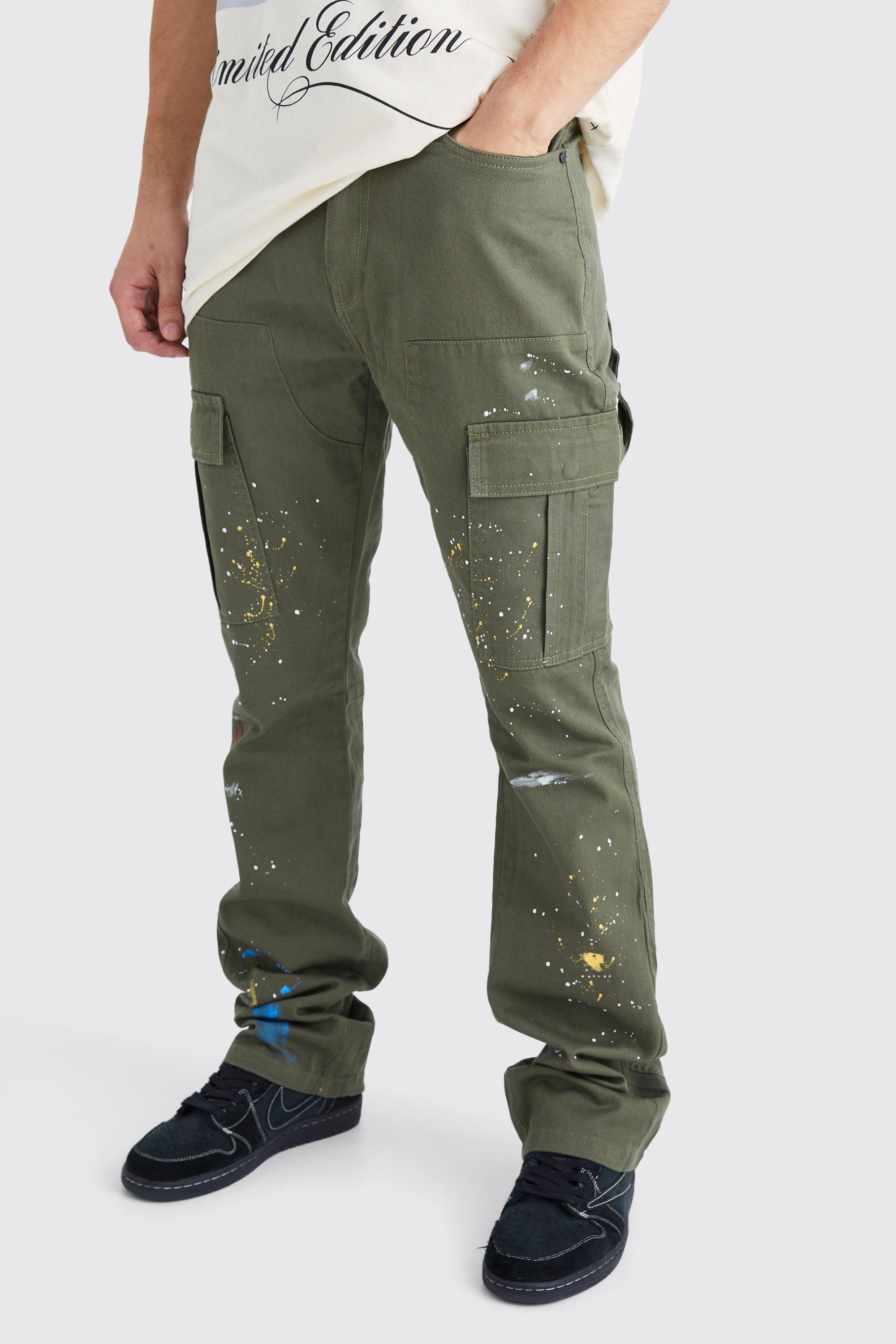 Tall Slim Flare Gusset Paint Splatter Cargo Pants | boohooMAN USA Product Image