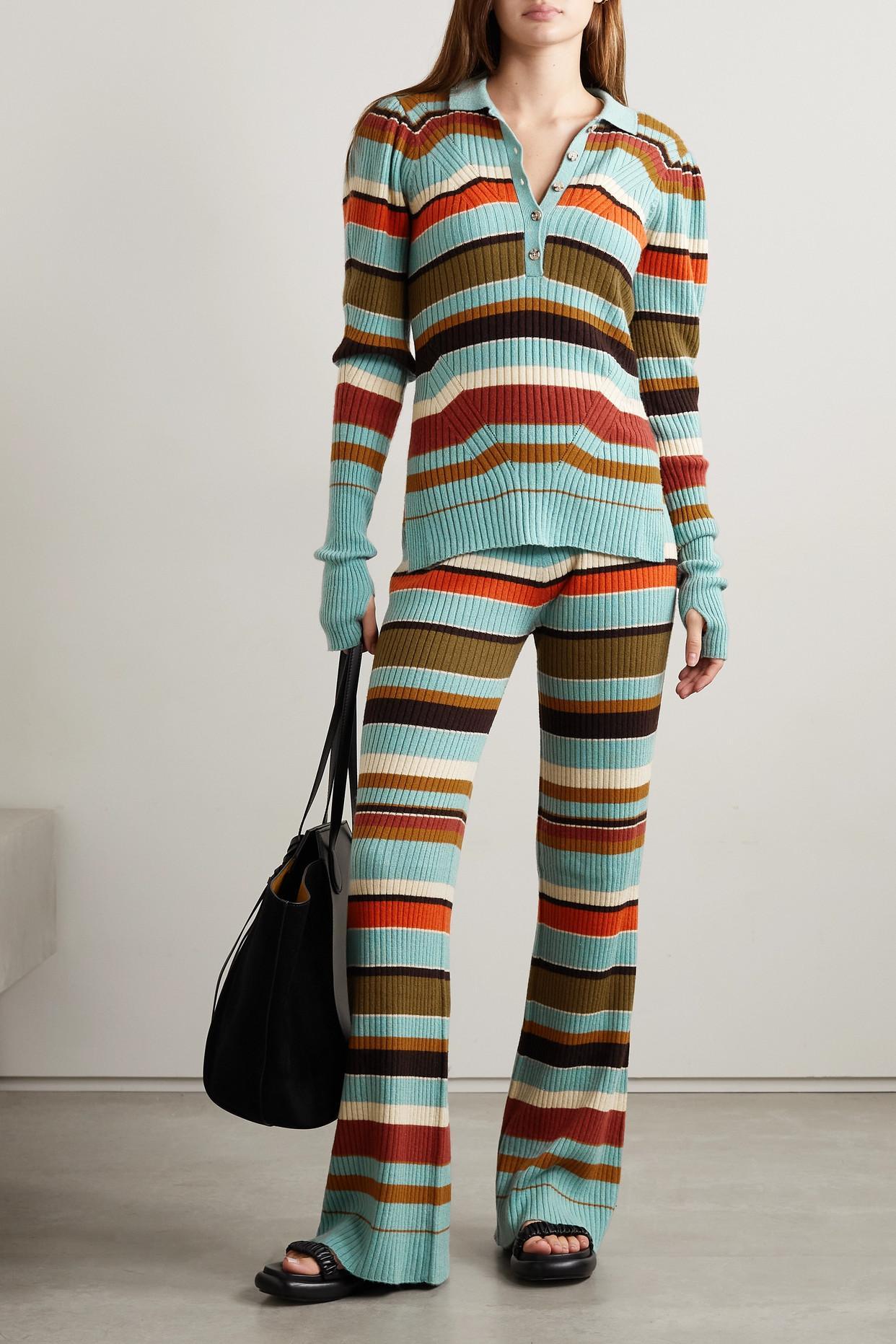 Rochelle Striped Ribbed Wool And Cashmere-blend Flared Pants In Blue Product Image