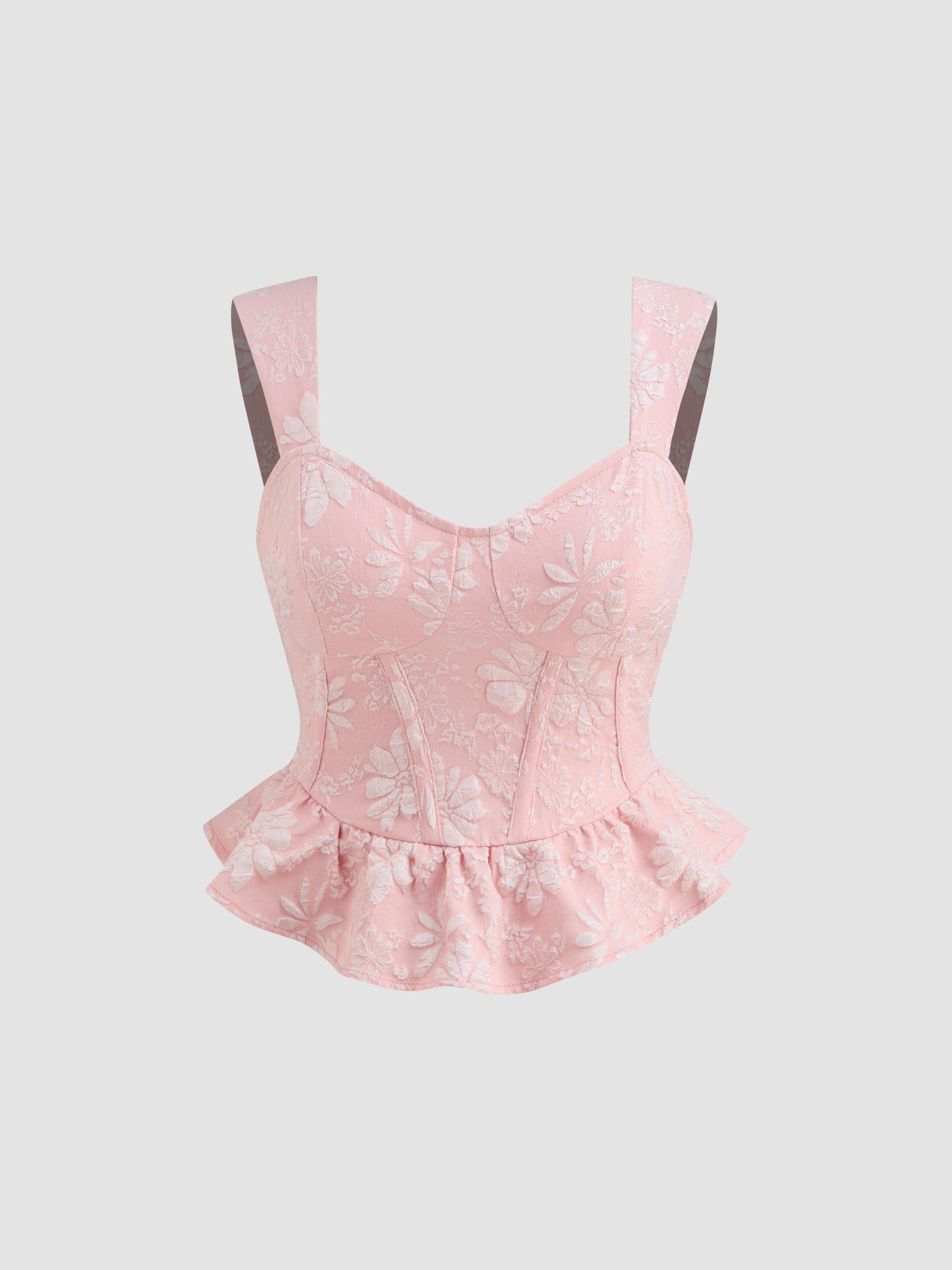 Jacquard Sweetheart Neckline Corset Shirred Ruffle Hem Crop Tank Top product image