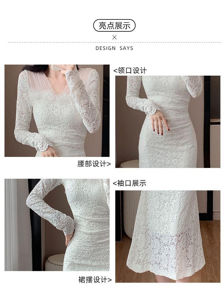 Long-Sleeve V-Neck Midi Lace Mermaid Dress Product Image