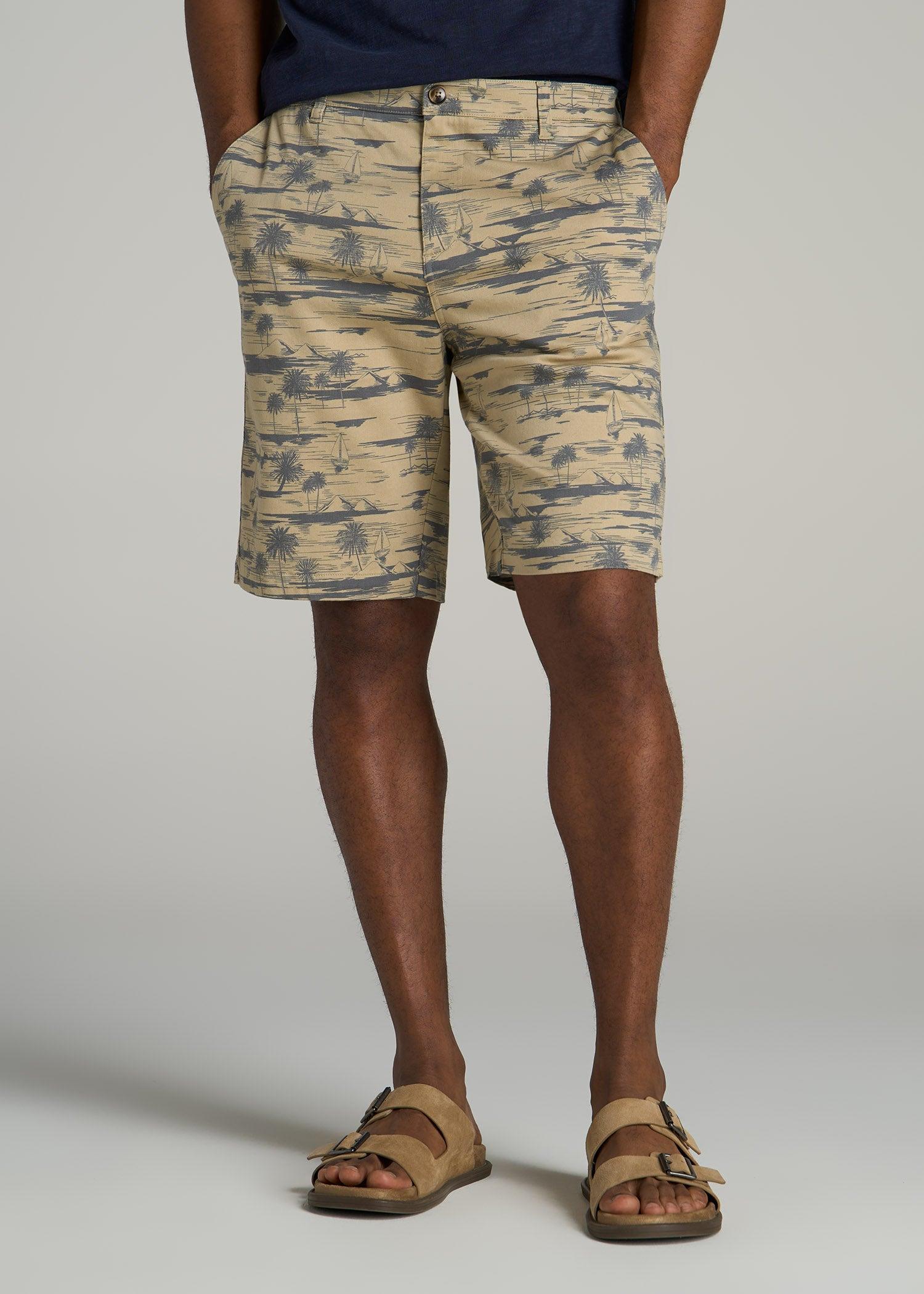 Printed Stretch Cotton Shorts for Tall Men in Grey Oceanic Print Male Product Image