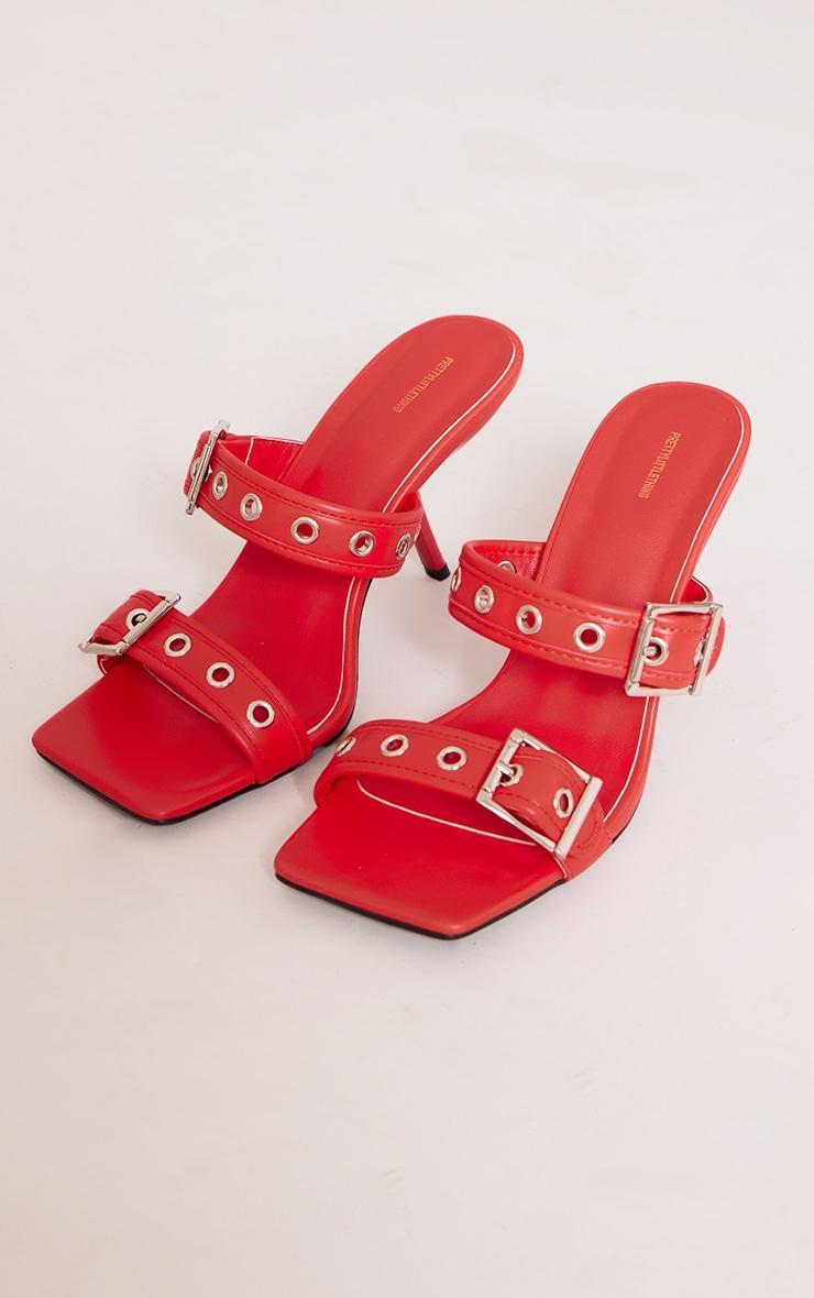 Red Pu Square Toe Double Buckle Mid Heeled Mules Product Image