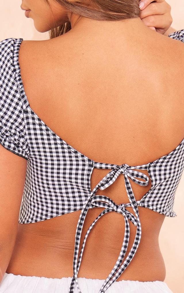 Black Gingham Puff Sleeve Tie Back Crop Top Product Image