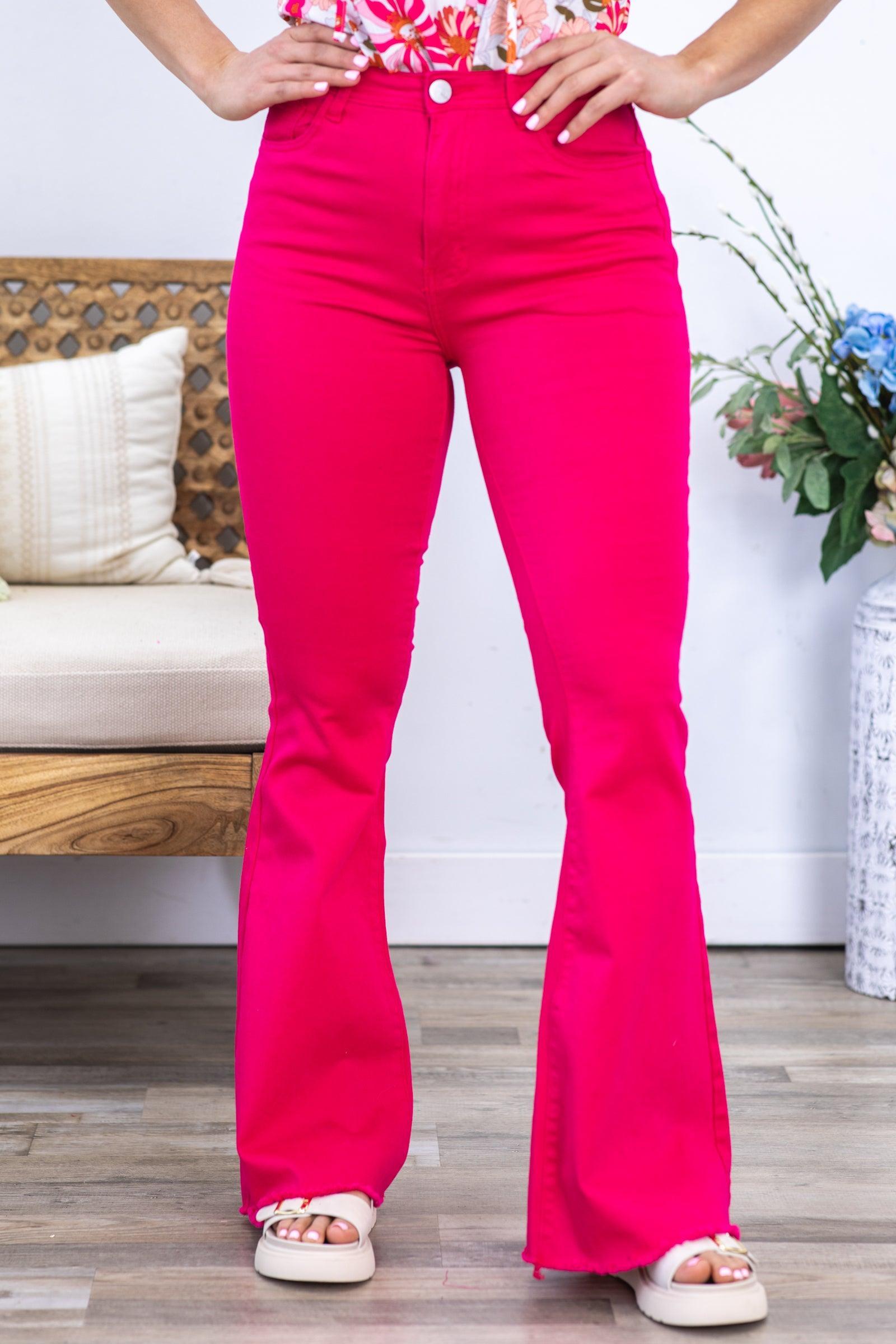 Hot Pink Flare Pants With Raw Hem Product Image