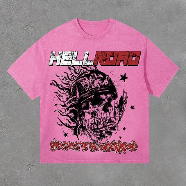 Retro Hell Road Retro Star Flame Skull Print Acid Washed T-Shirt Product Image