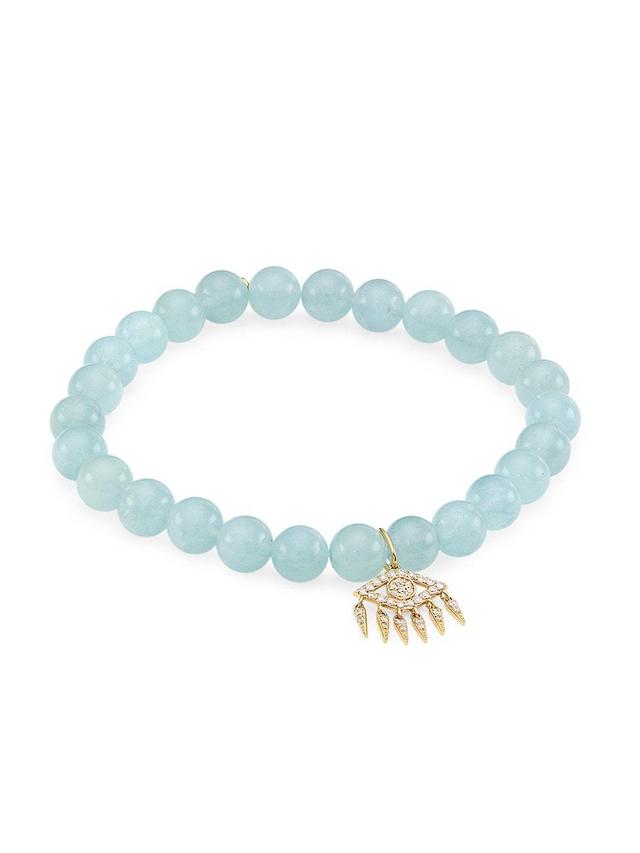 Womens 14K Yellow Gold, Aquamarine, & 0.12 TCW Diamond Beaded Stretch Bracelet Product Image