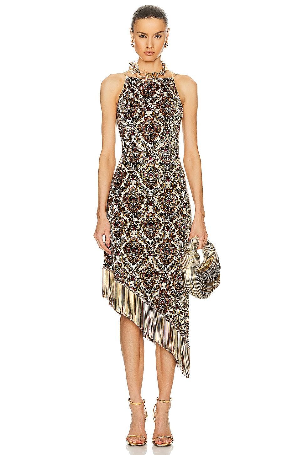 RABANNE Jacquard Fringe Dress in Olive Product Image