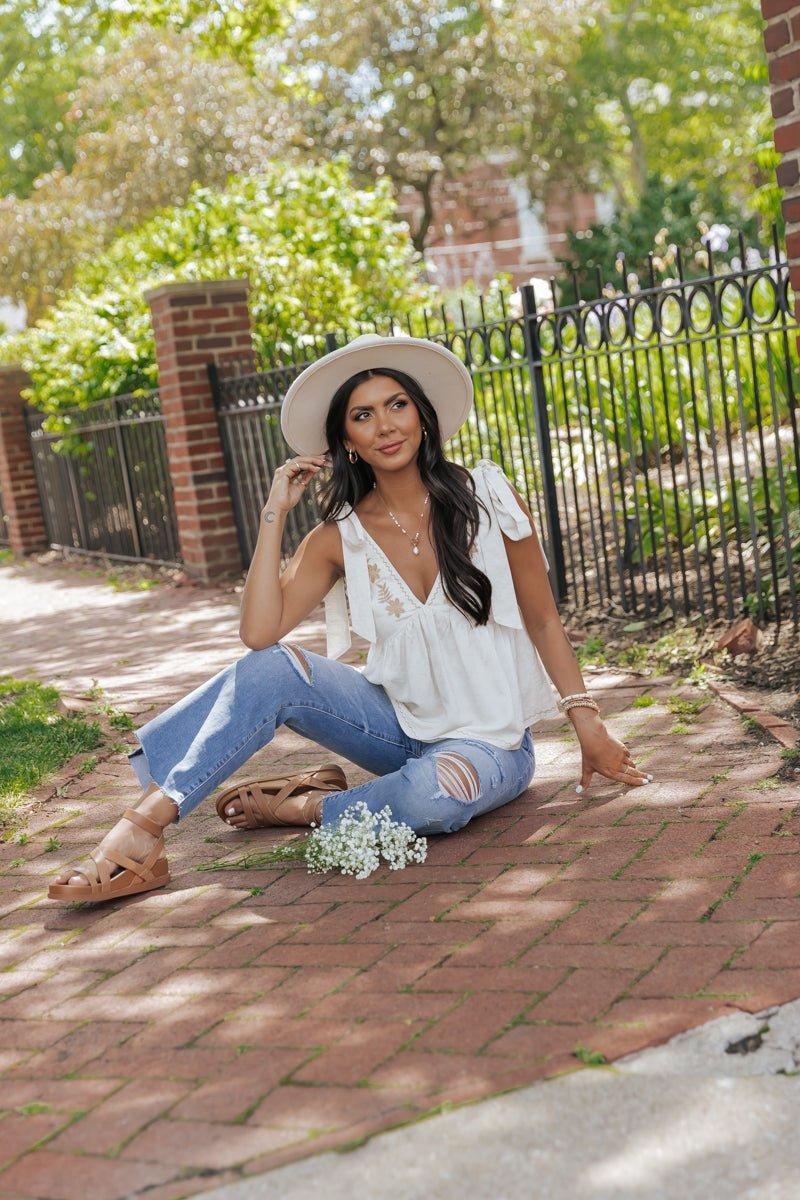 Oatmeal Embroidered Linen Top - FINAL SALE Product Image